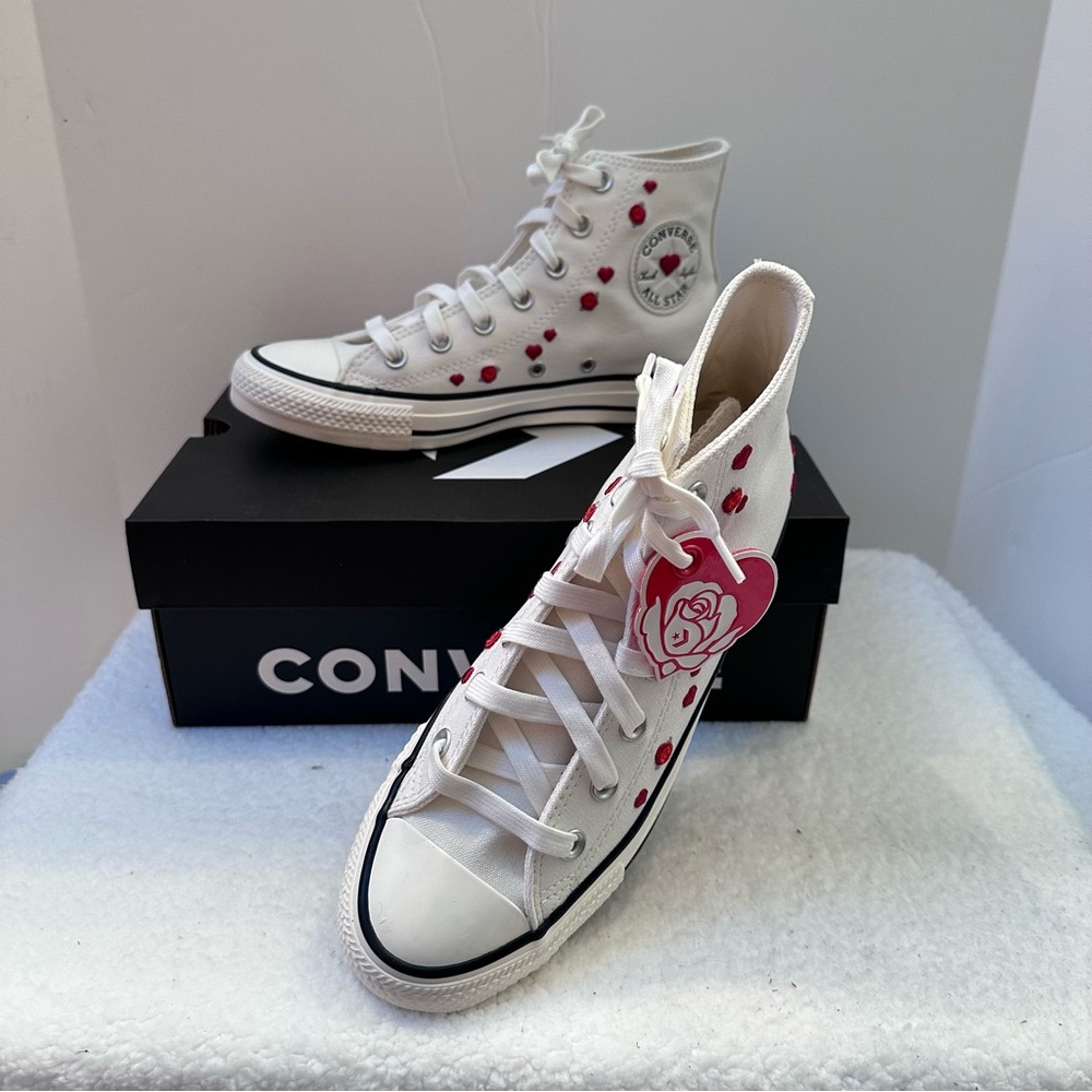 Converse Women's White High-Tops with Red Floral Accents